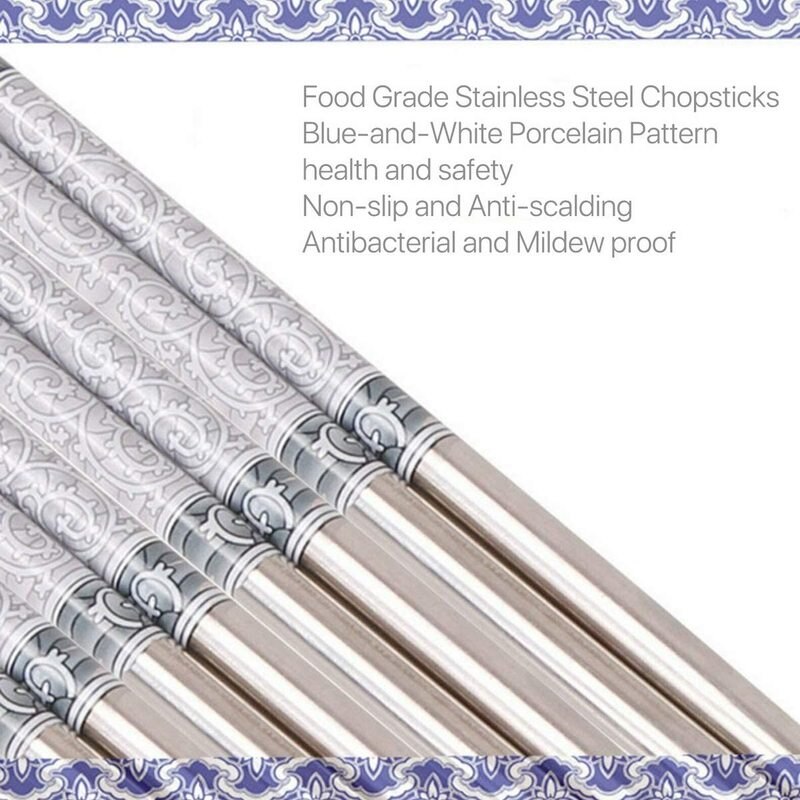 Five Pairs 22cm Metal Non-Slip Retro Blue White Porcelain Pattern Stainless Steel Chopsticks JDZ Sushi Sticks Convenient