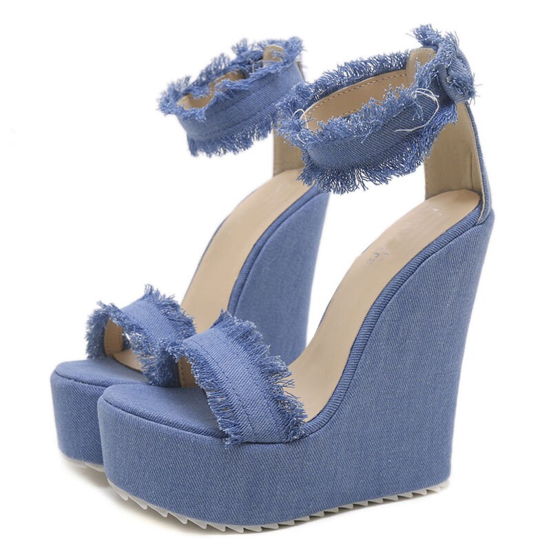 Womens Super High Wedge Platform Denim Jeans Heels Floral Printed Ankle Strap Sandals Shoes 16cm Pumps Roman Peep Toe B70: 38