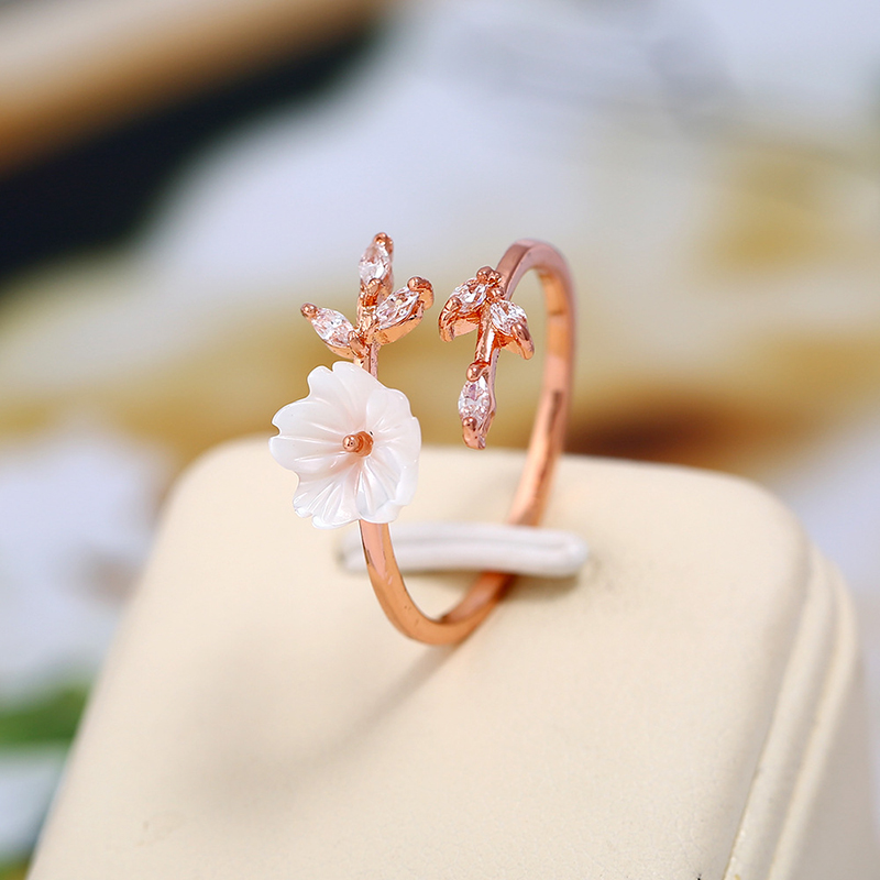 Joli anneau de fleur en Zircon, avec coquille de feuille de cristal, bijoux en coquille romantique en or Rose, taille ajustable, pour femmes et filles