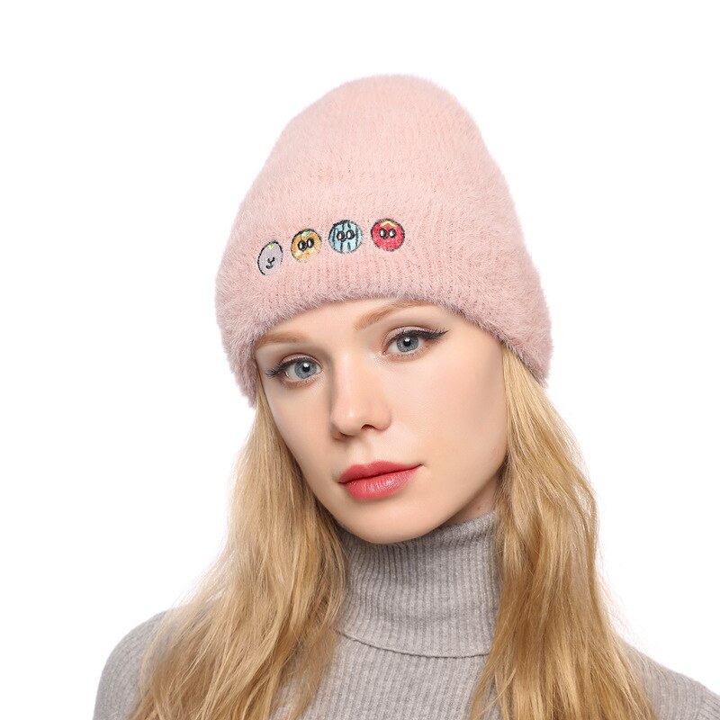 Zimowy nowy wełniany czapka walcowana krawędź spiczasta czapka robiona na drutach norek sierść królika zagęszczona ciepła wełna czapka