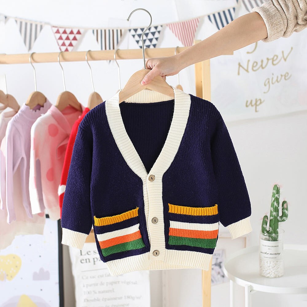Børn forårstøj bomuldstrøje børn baby børn pige dreng striktrøje cardigan toppe outfit farverig sweater: Blå / 6