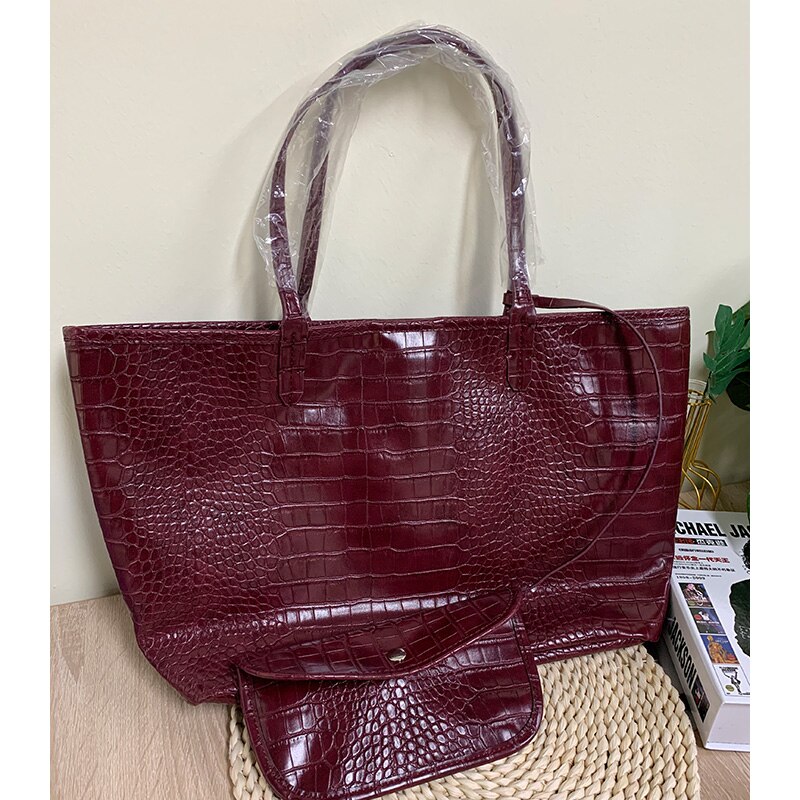 TOPHIGH Krokodil aufbringen Frauen Handtasche Strauß/Schlange Frauen Schulter Tasche Quaste Tote Große Kapazität Einkaufstaschen: Krokodil Burgund