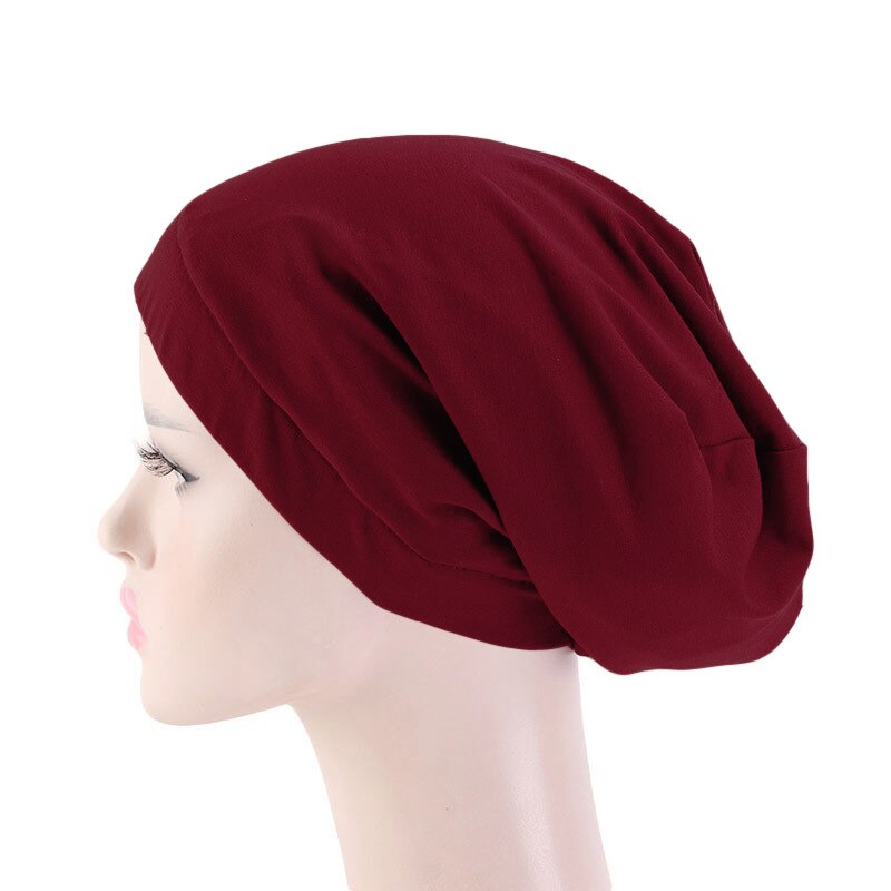 Bonnet en Satin élastique pour femmes musulmanes, Bonnet de perte de cheveux, Skullies, enveloppant la tête, chimio, Cancer, indien, Turban uni, à la: 13 Dark Red