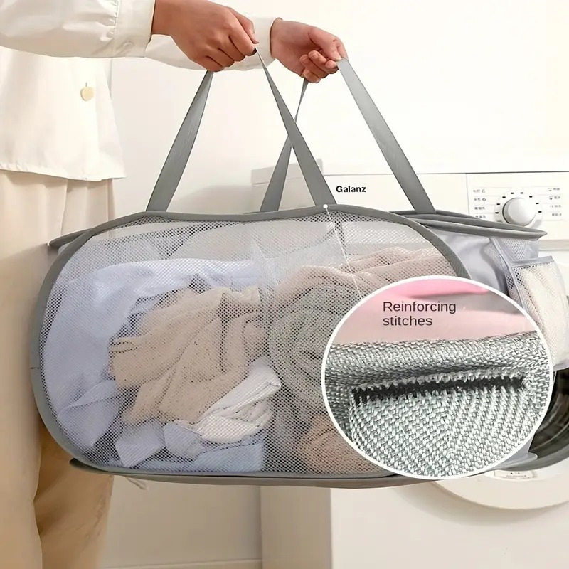 Collapsible Laundry Baskets Mesh Laundry Hamper with Side Pocket Foldable Clothes Hamper with Handles for Laundry Bathroom