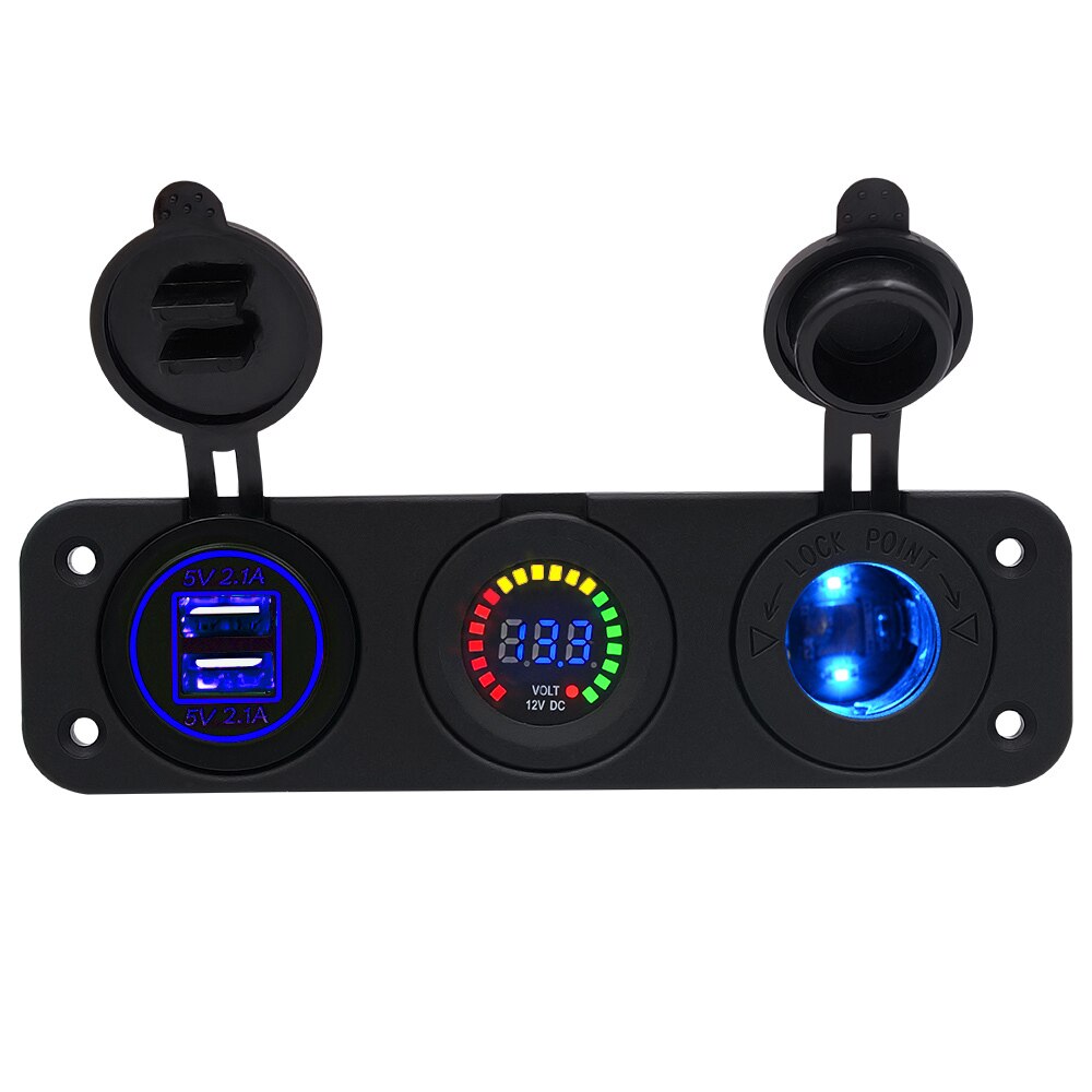 Auto Ladegerät Motorrad Stecker Dual USB Adapter + 12V/24V Zigarette Leichter Buchse Blau LED + Digital Voltmeter CY675-CN