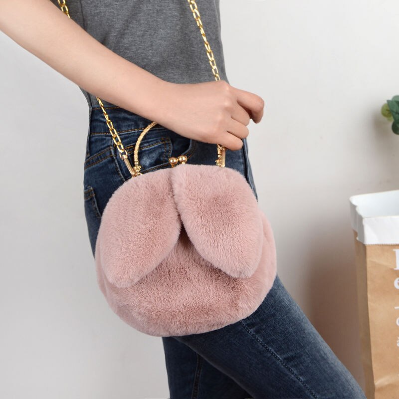 Faux Fur Rabbit Ears Plush Kawaii Round Bag Shoulder Crossbody Bags Women Chain Messenger bag Ladies Solid Furry Handbag: Light Purple