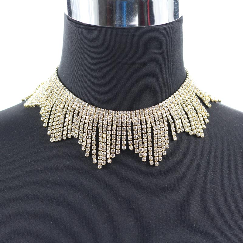 Luxury Crystal chokers necklaces for women rhinestone chocker tassel Statement necklace maxi jewellery: gold