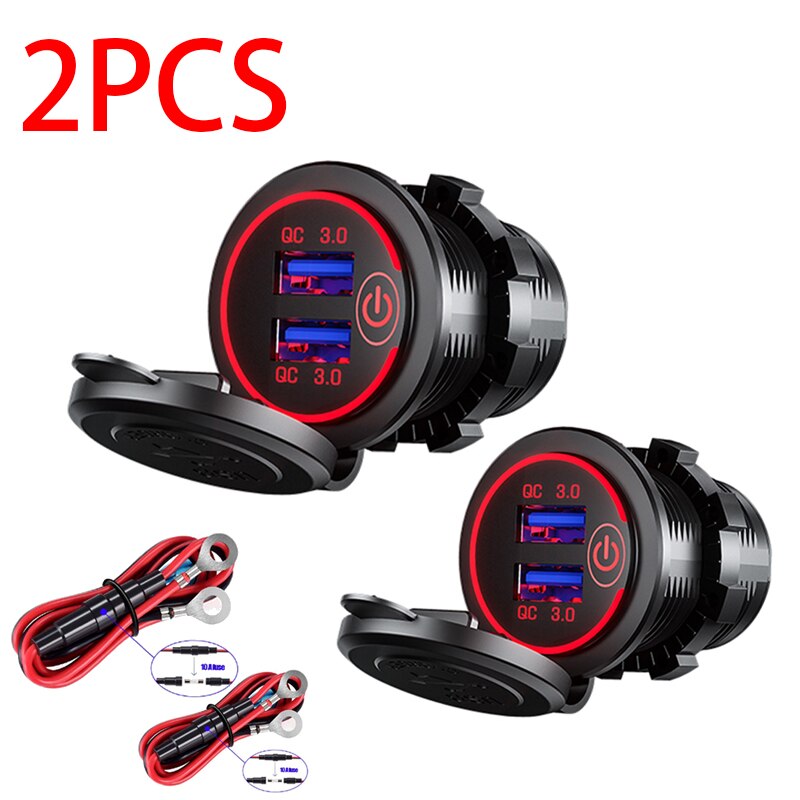 5V/2.4A Dual Usb Socket Car Charger Met Touch Schakelaar Waterdicht Stofdicht Cap 12V/24V auto Adapter Voor Iphone Xiaomi Huawei: QC3.0 Red 2pcs