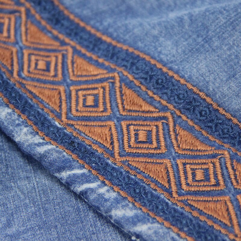Chemisier femmes Yuzi. may Boho Denim femmes Blouses col rond lanterne manches Vintage broderie Blusas Femininas B9281 Blusa