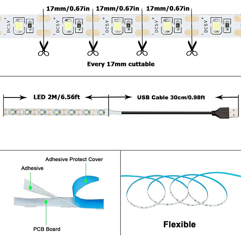 DC 5V USB tiras LED 2835 tira de luz LED blanca cálida TV espejo retroiluminación cinta de iluminación decoración de habitación lámpara cinta LED cadena de luz