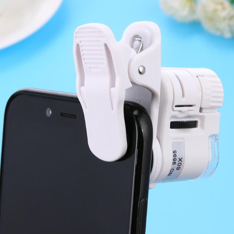 Universal 60x mobiltelefon mikroskop makro lins zoom mikro kamera klämma med optisk förstoringsglas led ljus förstoringsglas
