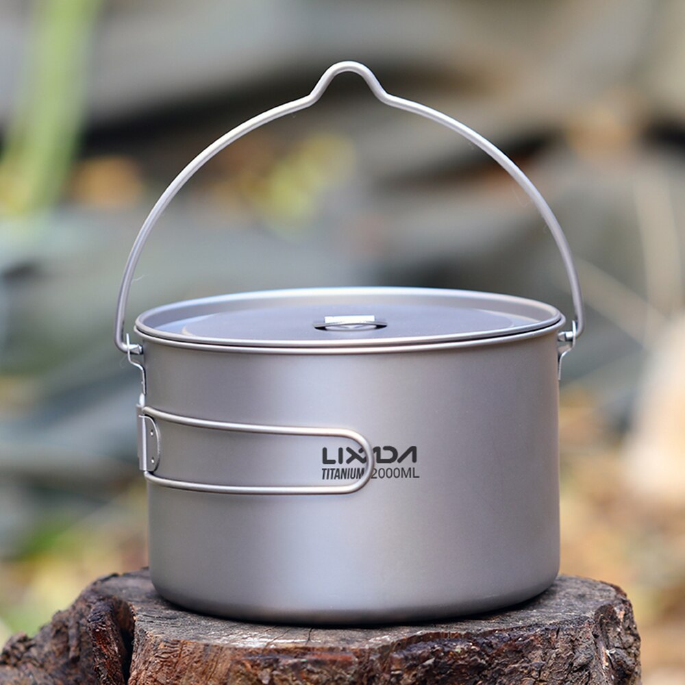 Lixada 2L Titanium Pot Lightweight Outdoor Cup Camping Cooking Pot with Foldable Handles and Lid for Camping Hiking Picnic