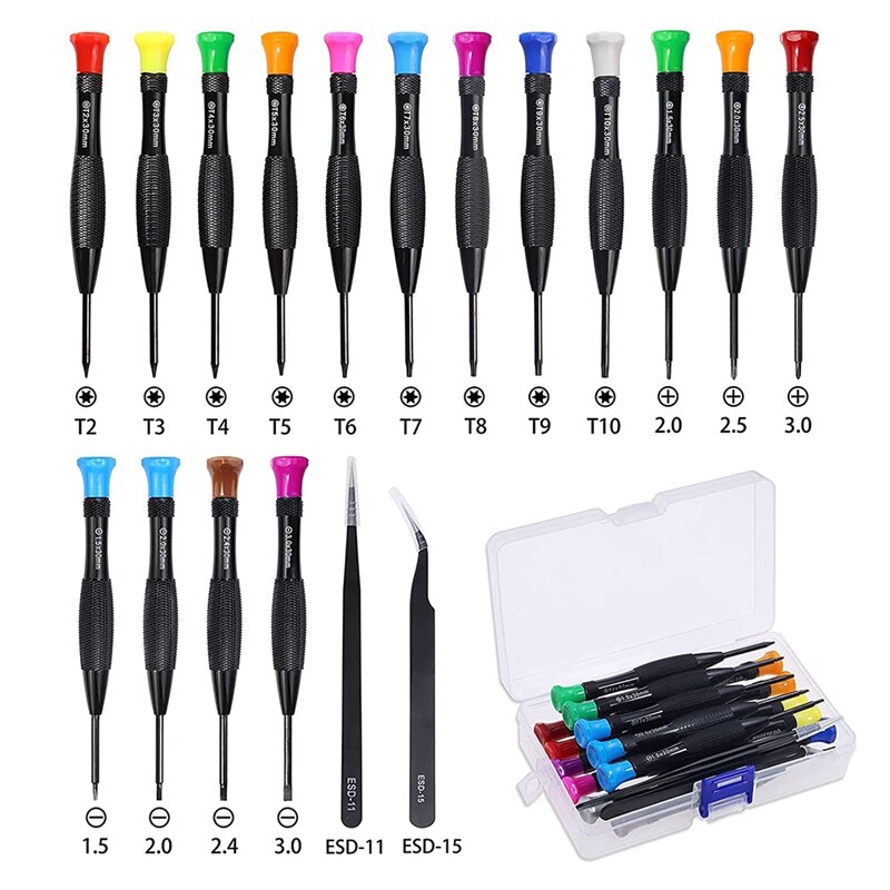 18Pcs Torx Screwdriver Set Mini Magnetic Torx Flathead Phillips Tweezers for Computer, Watch Repair