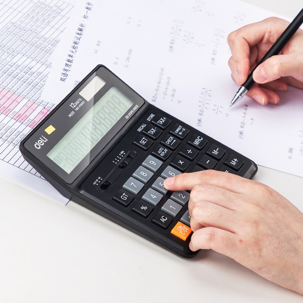 Deli 120 steps check function Tax Calculator Business office finance destop 12 digit dual power solar Black EM01020