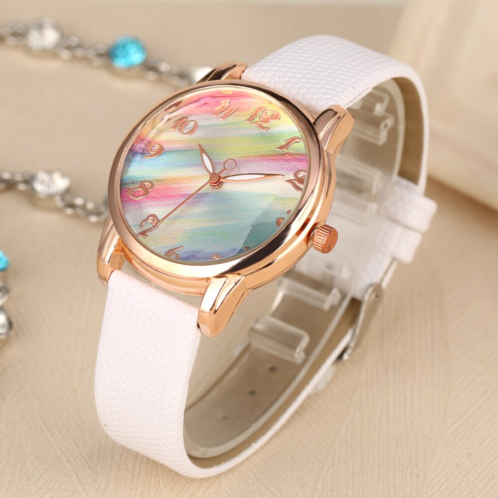 Horloges dames regenboog spiegel damesklok quartz polshorloge wit/roze/rood leren band armband horloge montre femme