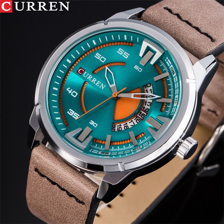CURREN Watches Casual Quartz Male Clock Display Date Leather Strap Men Wristwatch Montre Homme Reloj Hombre: silver green