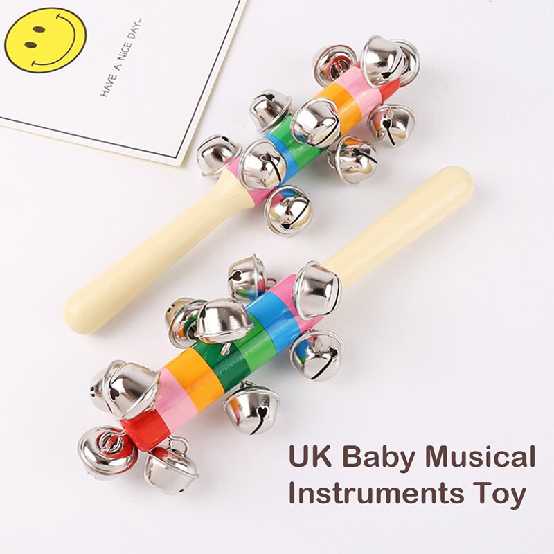 1 pc Wooden Stick 10 Jingle Bells Rainbow Hand Shake Bell Rattles Baby Kids Children Educational Toy