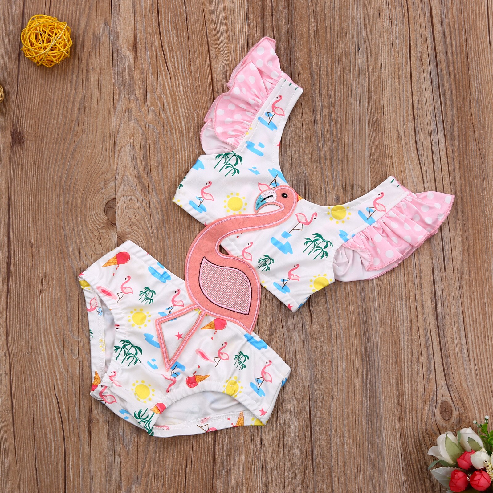 0-3Y Summer Girls Sweet 3D Flamingo Print One Piece Swimsuit Hollow Ruffles Backless Suspender Swimwear Beachwear