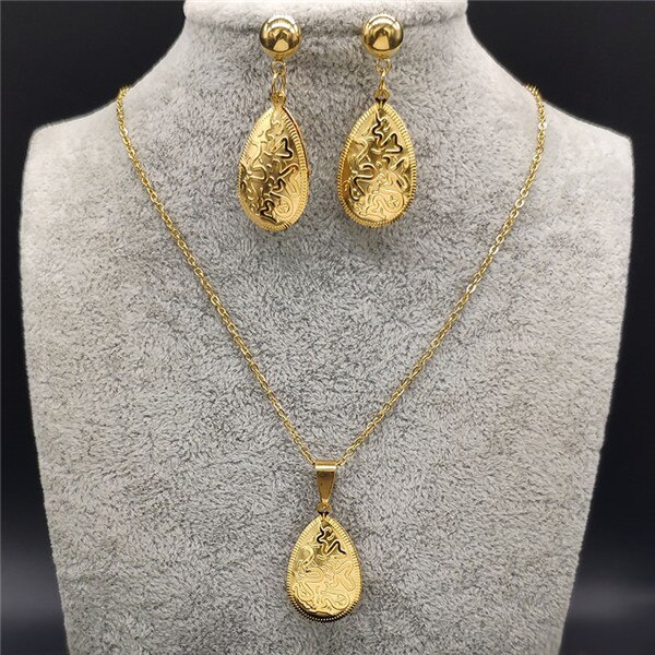 Flower of Life Stainless Steel Jewelry Set Women Hollow Gold Color Necklace Earrings Set Jewelry set acero inoxidable S1341S01: G  GD 50 cm O