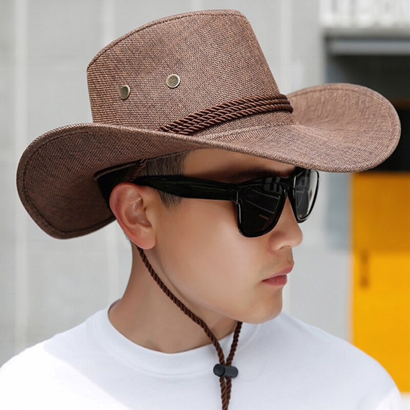 2022 Men's Western Cowboy Hat Linen Straw Hat Outdoor Travel Sun Jazz Hat Big Brim Chic Knight Caps