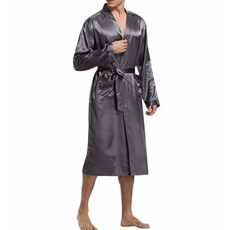 Incerun silke satin herr sovkläder morgonrock långärmad höst lång morgonrock lightwear avtagbara bältesfickor klänning pyjamas: Grå / Xl
