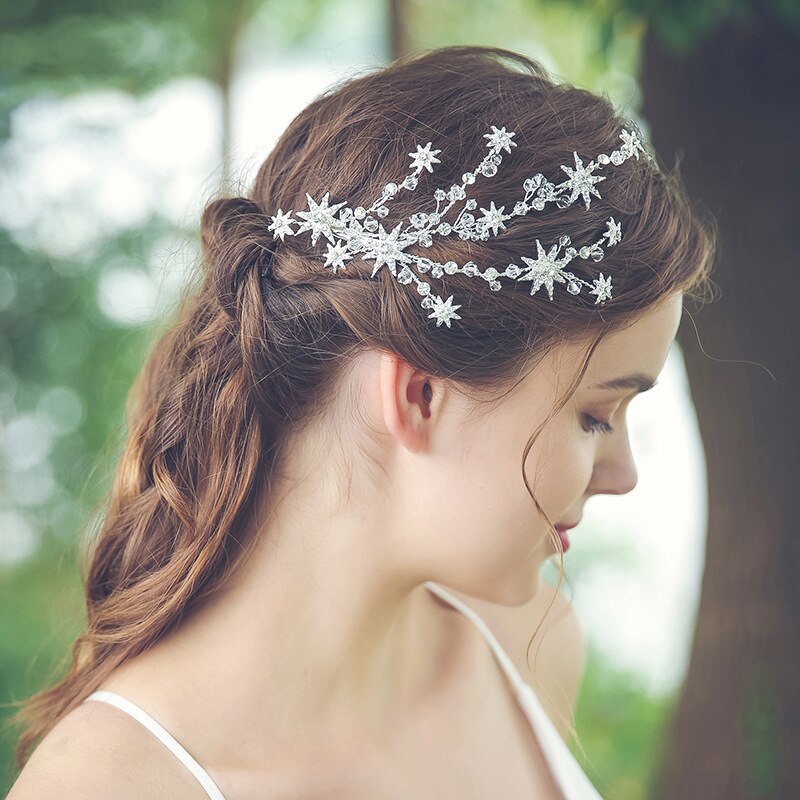 Pente de cabelo para madrinha, acessório feminino simples de cor prata com estrela, pente para casamento artesanal