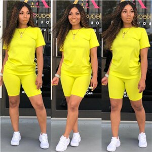 Adogirl Solid Casual Two Piece Set Women Tracksuit O Neck Short Sleeve T shirt Top + Shorts Sportswear Female Clothing: yellow 2 piece set / S