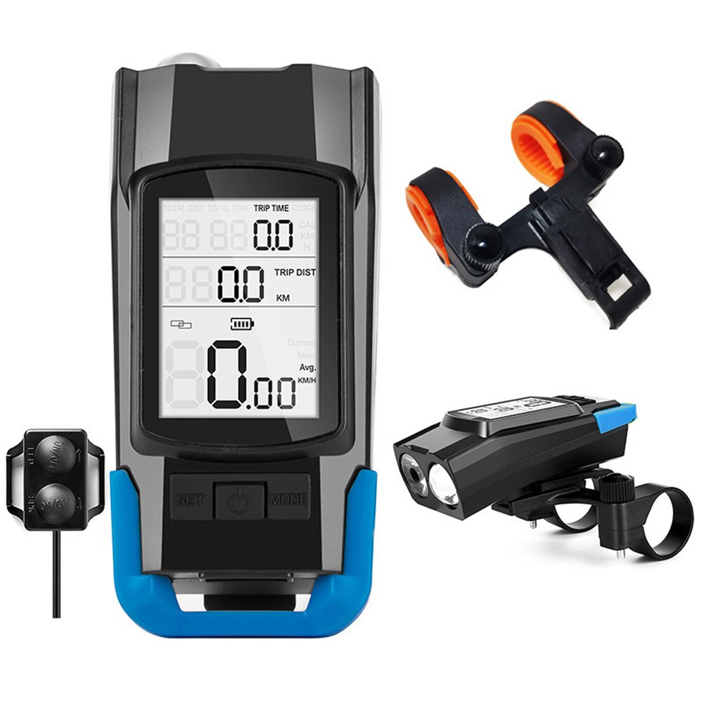 3-in-1 Tachometer + Scheinwerfer + Horn USB Fahrrad Computer 3 Modus Horn Taschenlampe LED Vorderseite Lichter radfahren Tacho: Blau Tupe2