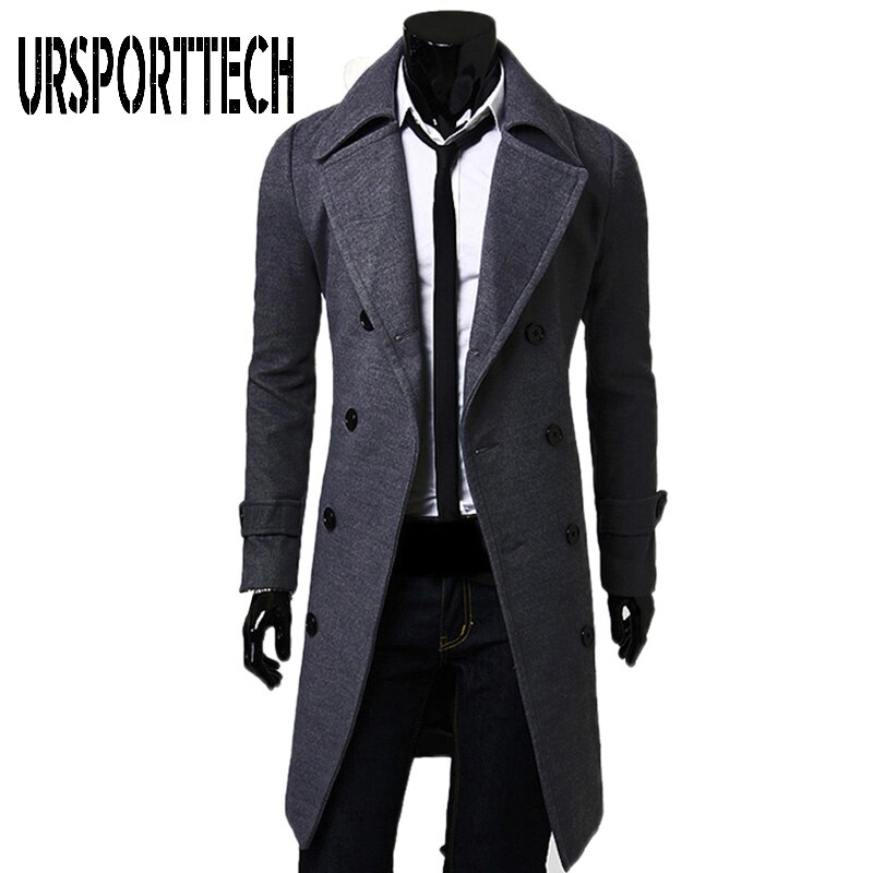 URSPORTTECH-abrigo de lana a la para hombre, gabardina larga cálida de color sólido, abrigo de lana informal de negocios con botonadura