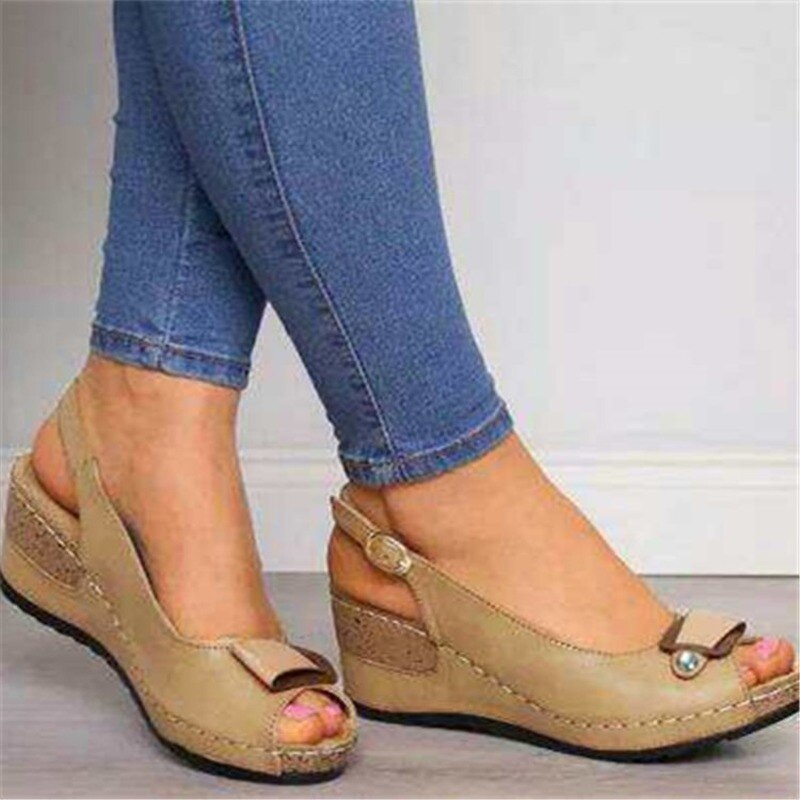 Dames peep toe sandalen dames plateau schoenen dames gesp band wiggen dames naaien dames schoenen plus maat 43