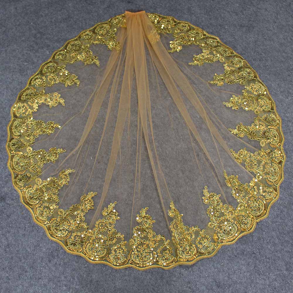 Gold Lace Appliques with Sequins Wedding Veil One Meter One Layer Bridal Veil Colorful Veil for Bride Velo de Novia