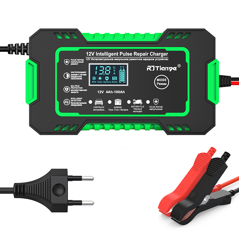 12V 6A Vollautomatisches Autobatterieladegerät Power Pulse Repair Ladegeräte Nass Trocken Blei Säure Batterieladegeräte Digitales LCD-Display: green