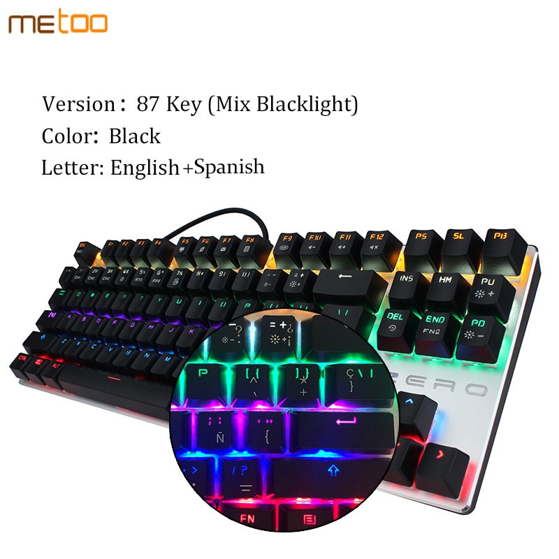 Metoo Mechanical Keyboard 87/104 Anti-ghosting Luminous Blue Black Switch Backlit wired Gaming Keyboard Russian/English/Spainsh: Spanish 87 key / Blue Switch