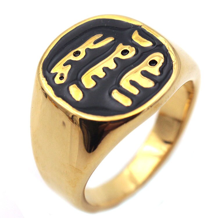 Vintage Arab Scripture Ring for Man Islam Muslim Rune Pattern Black Enamel Inlaid Metal Jewelry Exaggerated Accessories Anillo: 8 / Gold