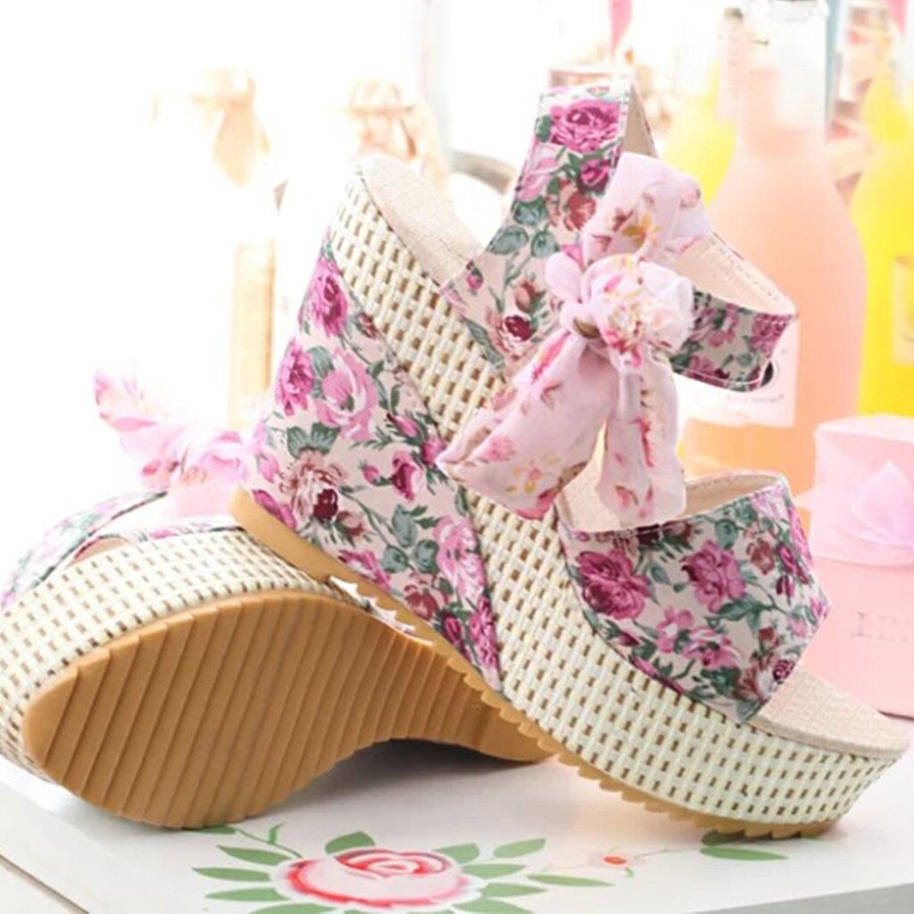 Zomer Wig Sandalen Vrouwen Dames Platform Wiggen Hak Sandalen Bloemen Strik Lace-Up Schoenen Open Teen dames Schoenen