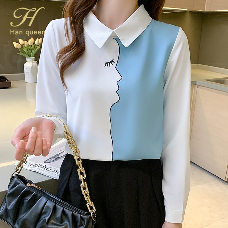 H han queen blusas com costura vintage, blusas femininas elegantes coreanas camisa de escritório manga comprida camisa para mulheres blusa de chiffon