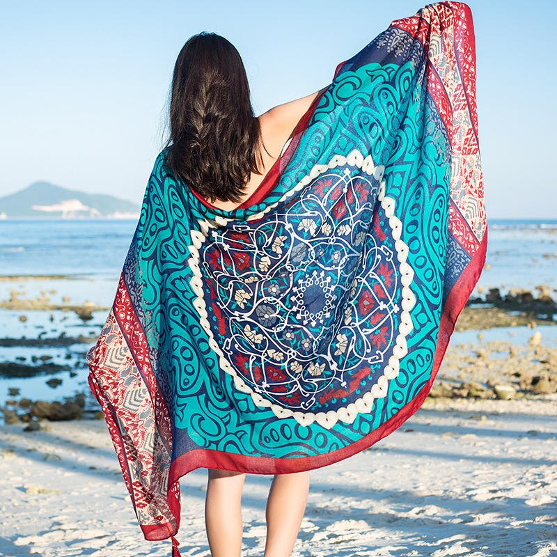 estampado Toalla de playa forma cuadrada mujer verano picnic en la playa chal suave baño algodón toallas mujer estilo bohemio bufanda: 1