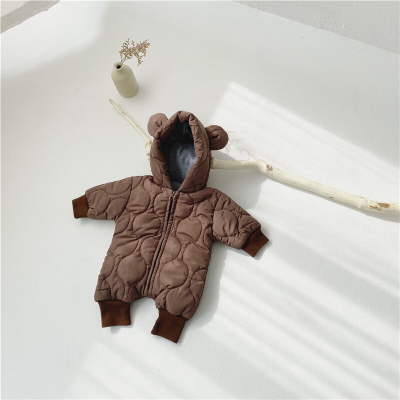 Vinter baby drenge og piger varme quiltede søde bjørne lange ærmer bukser 0-2 år spædbørn børn tyk lynlås hætte jumpsuits: Brun / 6m