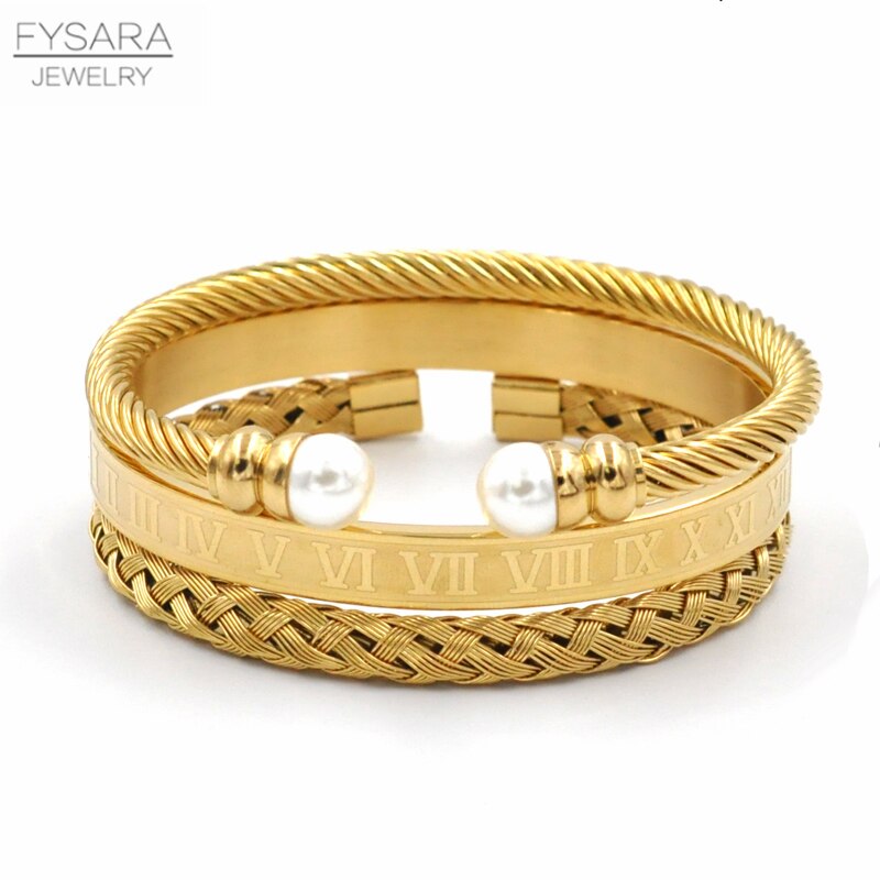 Fysara 3 pçs/set charme pérola manguito pulseiras feminino jóias acessórios rosa cor de ouro roman pulseiras fio torção manguito pulseiras: 3pcs style2