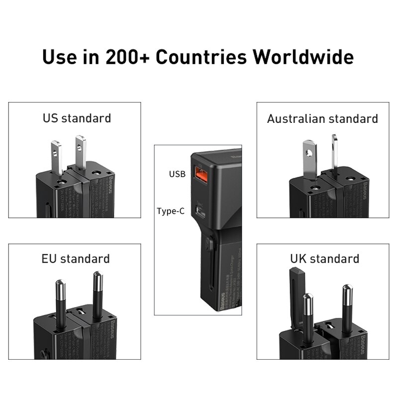 Baseus universele usb-lader 18w qc 3.0 pd3.0 snellader snel opladen 3.0 reis usb c internationaal stopcontact voor xiaomi