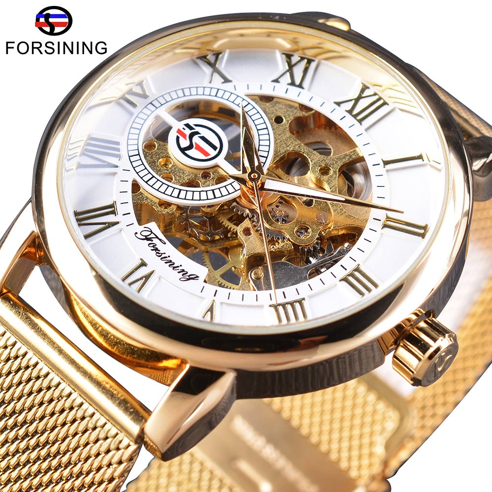 Forsining 3D squelette Royal rétro noir cadran doré montre mécanique bleu maille acier inoxydable bracelet lumineux montre-bracelet: White Golden