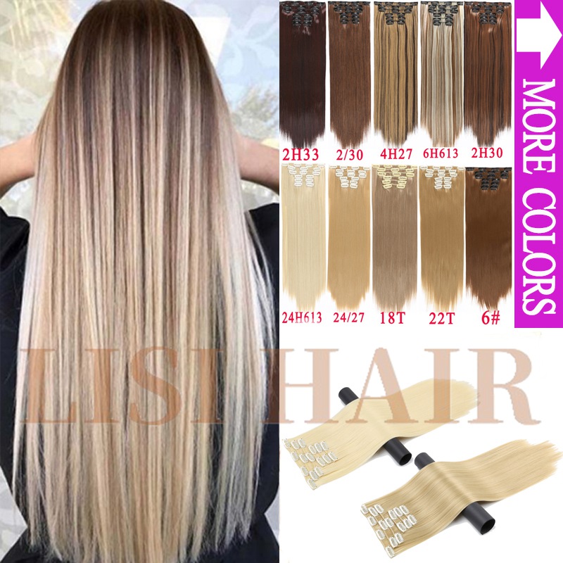 LISI HAIR 55cm Long 16 Clip in Hair Extension Straight Hairpiece Synthetic Hair For Women 140g High Temperature Fiber
