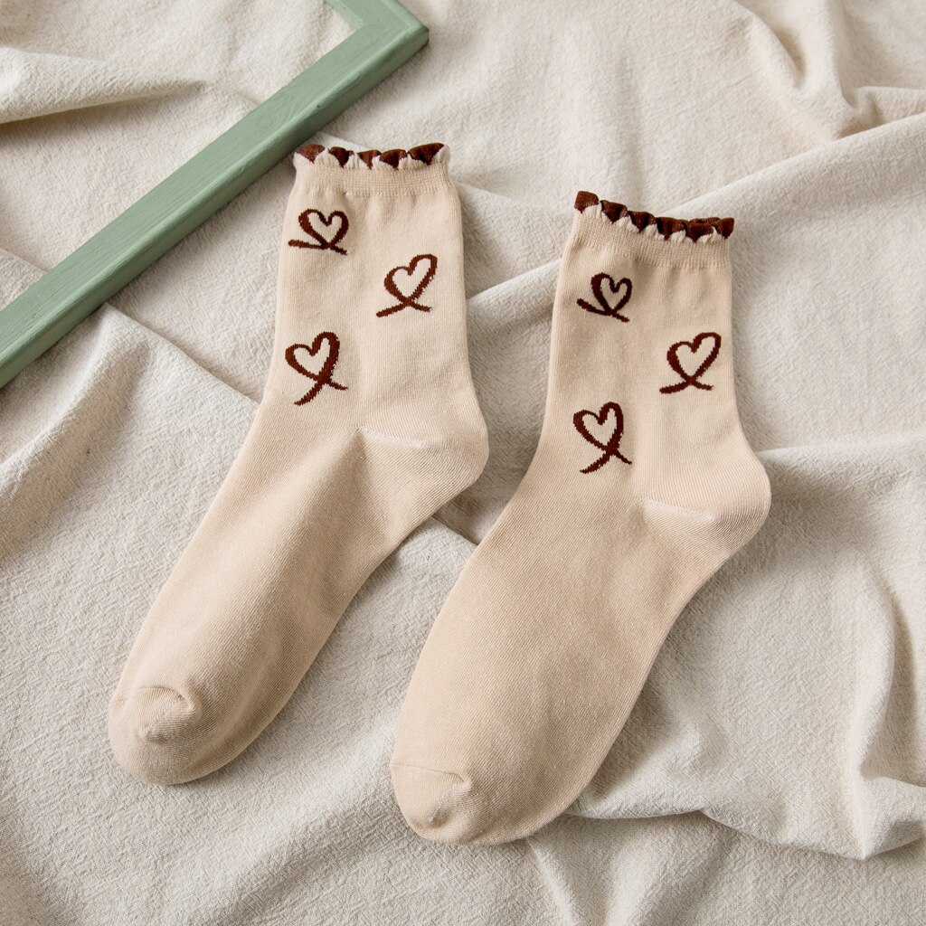 Ladies Casual Women Socks Striped Love Heart Cotton Solid Color Cute Dot Casual Breathable White Women Lady Socks 1 Pair: A