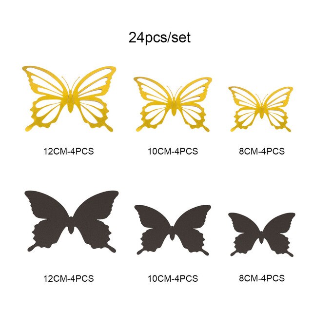 12Pcs Double-layer Paper 3D Butterfly Wall Sticker for Wedding Decoration Room Butterflies Fridge Art Wall Removable Wall Decor: Black Gold