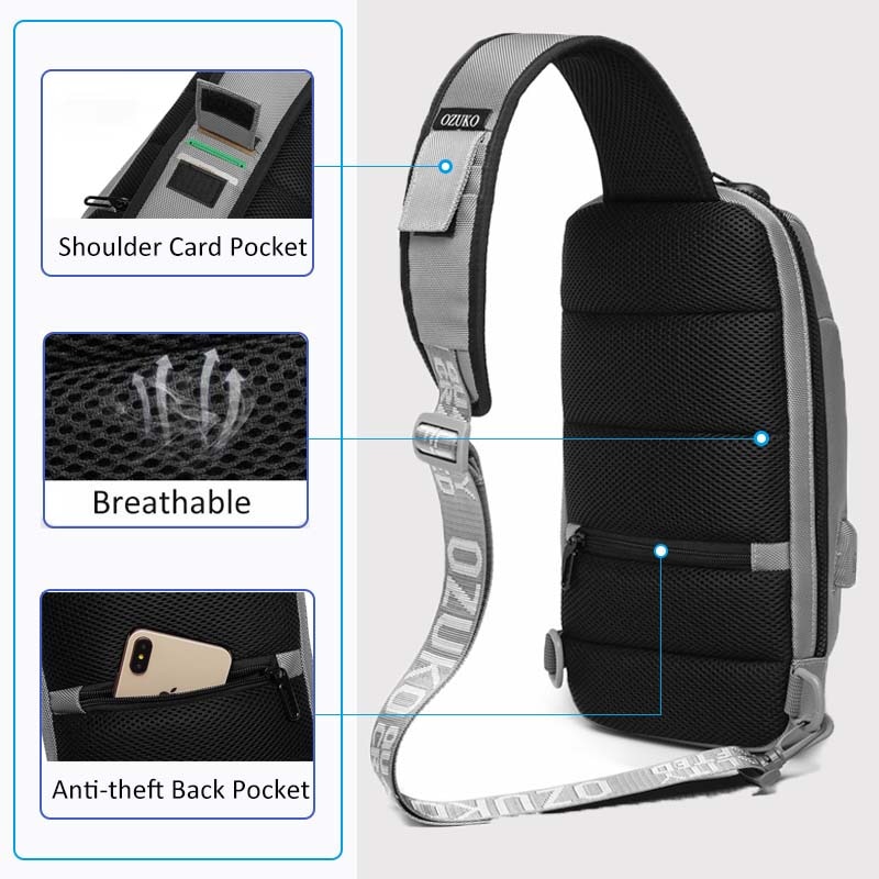 OZUKO Schoudertas Mannen USB Waterdichte Messenger Bag Borst Pakken Anti-diefstal Lock Crossbody Tassen voor Mannen Sling Bag fit 9.7 "iPad