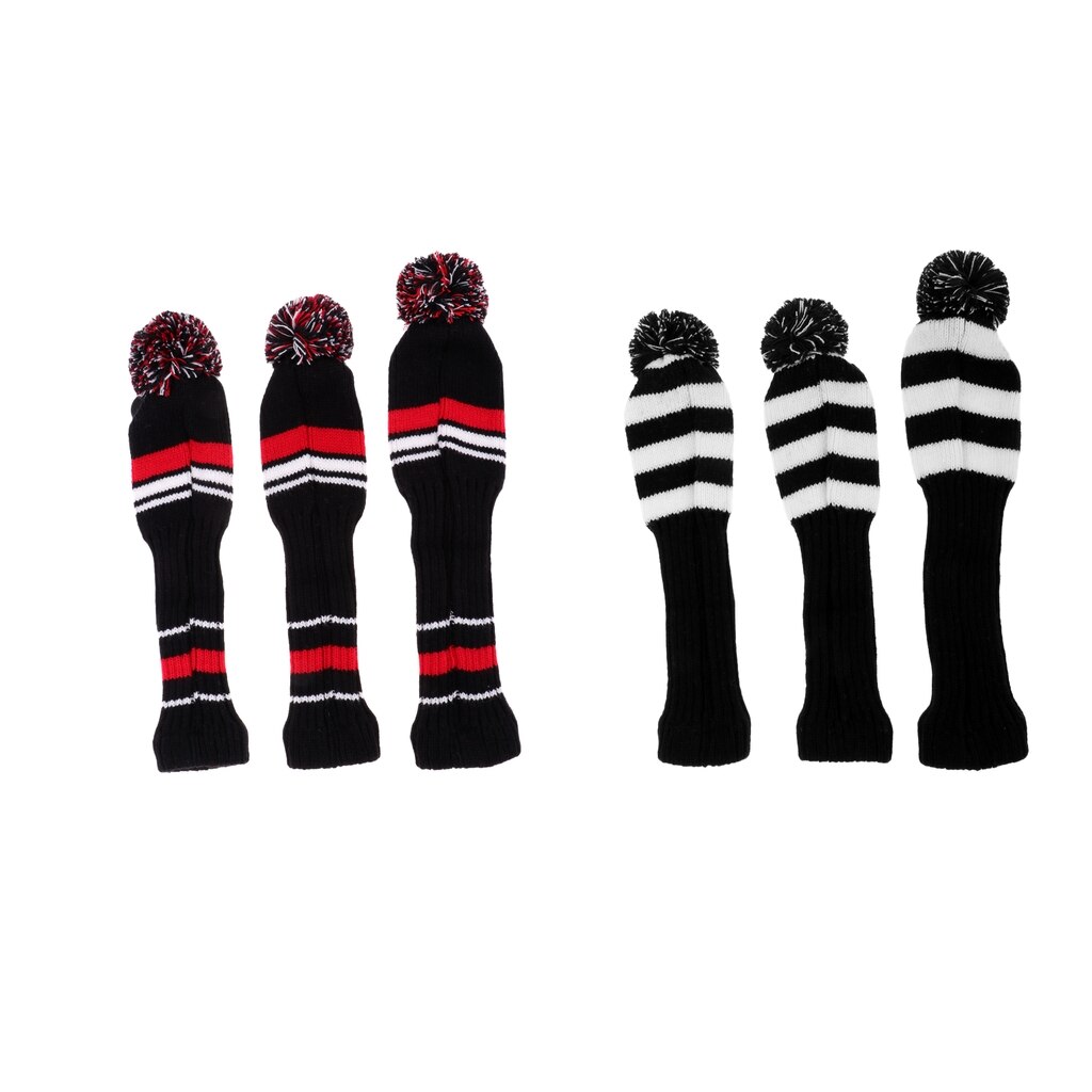 3Pcs Golf Pom Pom Hout Hoofd Cover Oude School Vintage Stripe Gebreide Cover Rood &amp; Wit Voor Driver Fairway hout Covers