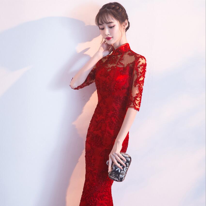 Robe longue Qipao en dentelle, rouge, pour la mariée, tenue sirène, pour le mariage chinois traditionnel, tenue chinoise orientale