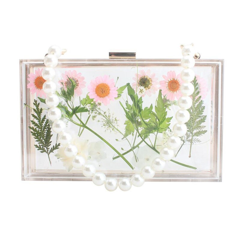 Bolso de mano de plástico con flores transparentes para mujer, bolsa de hombro transparente, de noche, con perlas: B Style 01