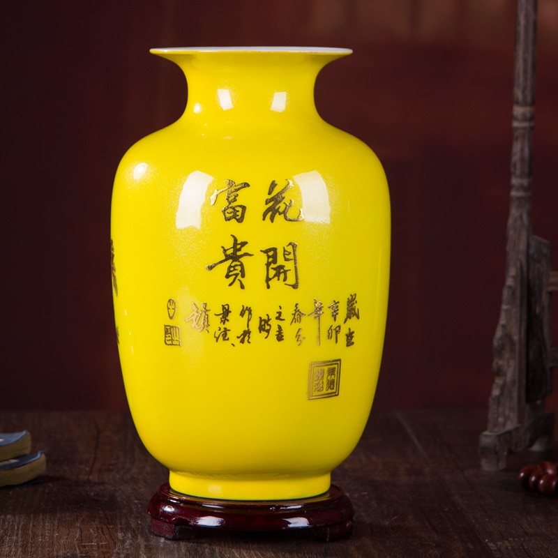 Chinese Style Vase Jingdezhen Yellow Crystal Glaze Flower Vase Home Decor Handmade Shining Famille Rose Vases