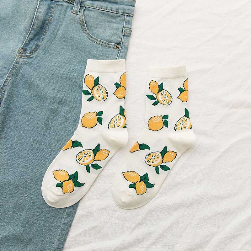 Dessin animé fruits coton chaussettes pastèque citron fraise banane avocat femmes chaussettes féminine Streetwear chaussettes été automne: Lemon